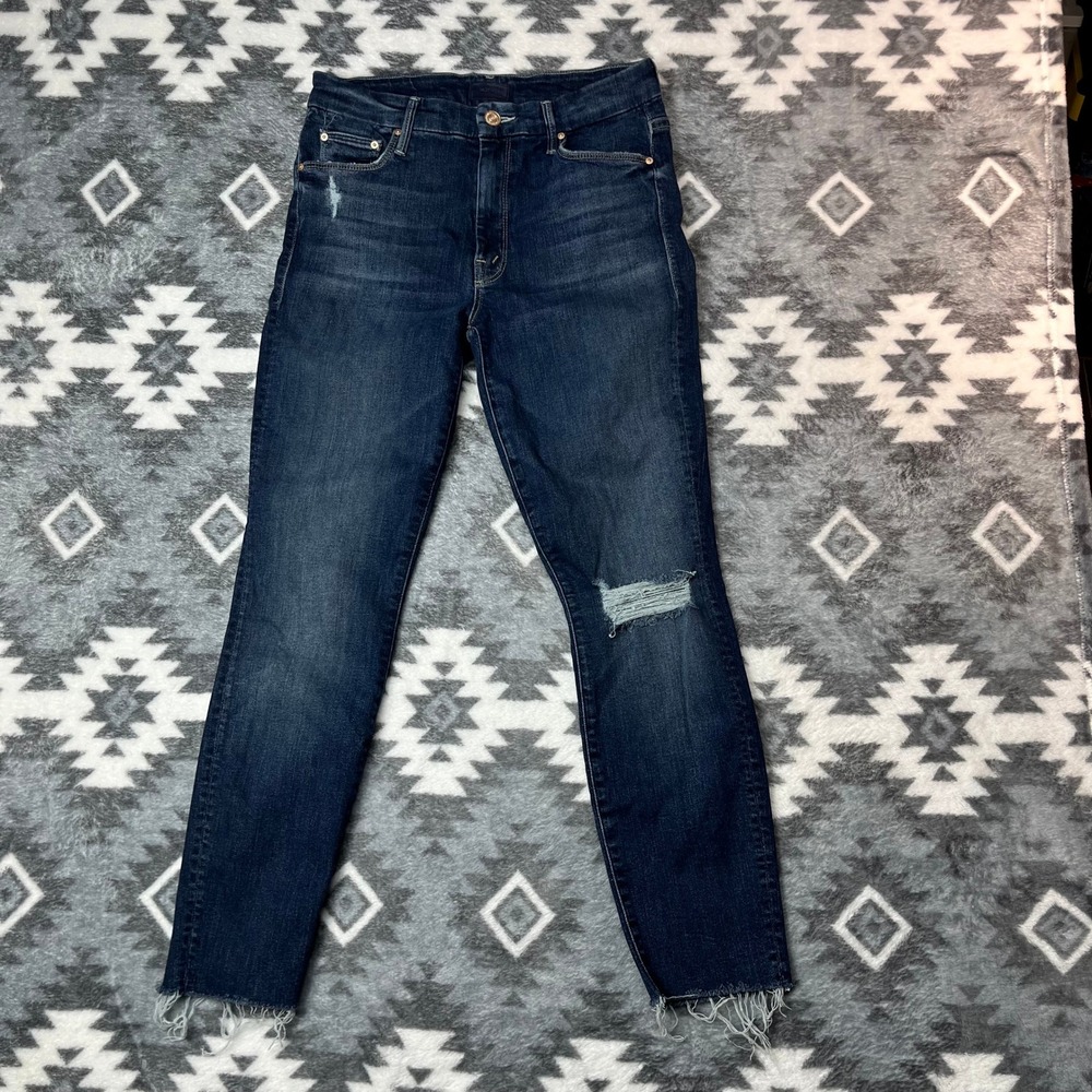 Mother High Waisted Looker Ankle Fray Jeans Close To The Edge Blue Skinny 27